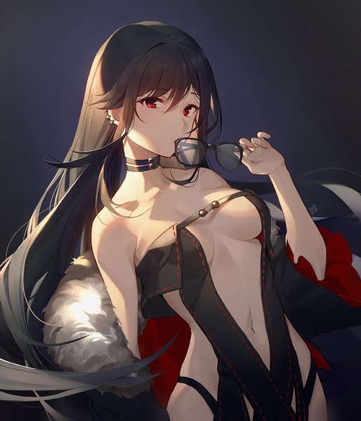 Anime picture 1000x1167 with fate (series) fate/grand order yu mei-ren (fate) philomelalilium single long hair tall image looking at viewer blush fringe breasts light erotic simple background hair between eyes red eyes brown hair large breasts holding wide sleeves fur trim