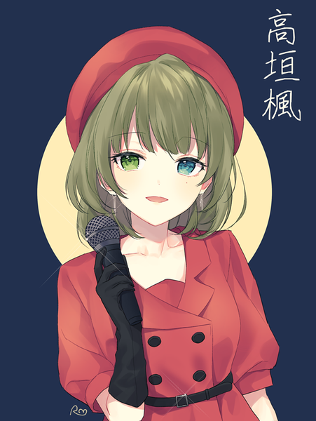 Anime picture 677x900 with idolmaster idolmaster cinderella girls takagaki kaede silltare single tall image looking at viewer short hair open mouth brown hair upper body :d mole character names mole under eye heterochromia double buttons girl gloves earrings