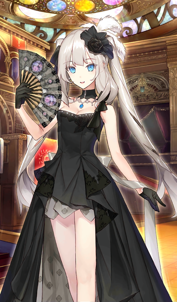 Anime picture 1024x1750 with fate (series) fate/grand order marie antoinette (fate/grand order) jehanne lov single tall image breasts blue eyes smile standing holding cleavage indoors very long hair arm up official art heroic spirit formal dress girl dress gloves