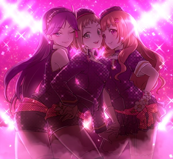 Anime picture 1000x923 with love live! school idol project sunrise (studio) love live! kira tsubasa yuuki anju toudou erena yuyoko long hair looking at viewer blush short hair open mouth smile multiple girls green eyes purple hair one eye closed pink eyes wink orange hair