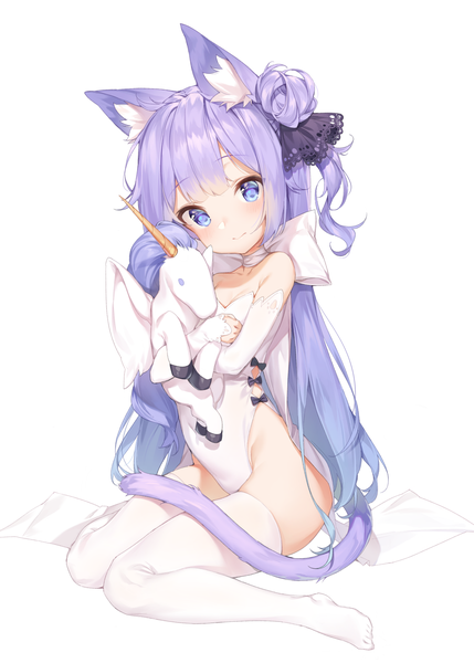 Anime picture 1200x1678 with azur lane unicorn (azur lane) mokew single long hair tall image looking at viewer blue eyes light erotic simple background white background sitting animal ears purple hair tail animal tail cat ears cat tail hair bun (hair buns) one side up