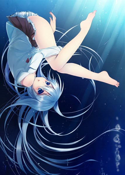 Anime picture 800x1120 with denpa onna to seishun otoko shaft (studio) touwa erio itou nanami single long hair tall image looking at viewer blush blue eyes blue hair barefoot bare legs underwater upside down weightlessness girl skirt miniskirt shirt