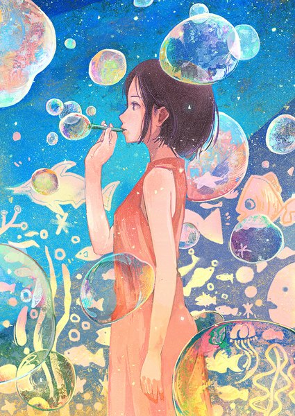 Anime-Bild 708x1000 mit original gemi single tall image short hair brown hair holding looking away profile mouth hold girl dress plant (plants) animal sundress bubble (bubbles) fish (fishes) starfish coral