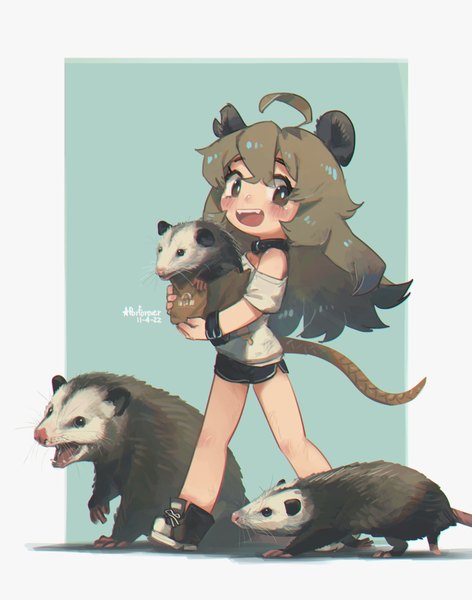 Anime-Bild 1869x2376 mit original porforever single long hair tall image looking at viewer highres open mouth smile brown hair brown eyes signed animal ears ahoge tail animal tail off shoulder dated walking girl
