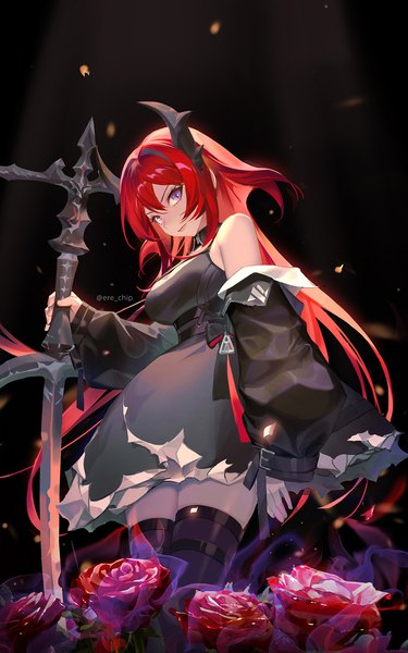 Anime picture 1000x1600 with arknights surtr (arknights) ere chip single long hair tall image looking at viewer fringe breasts simple background hair between eyes standing purple eyes bare shoulders holding signed cleavage red hair horn (horns) off shoulder
