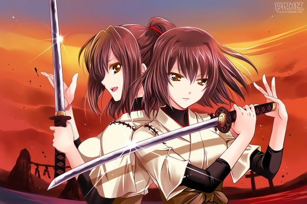 Anime picture 1275x850 with kantai collection hyuuga battleship ise battleship kanna (plum) short hair open mouth brown hair multiple girls brown eyes cloud (clouds) traditional clothes profile evening sunset girl weapon 2 girls sword katana