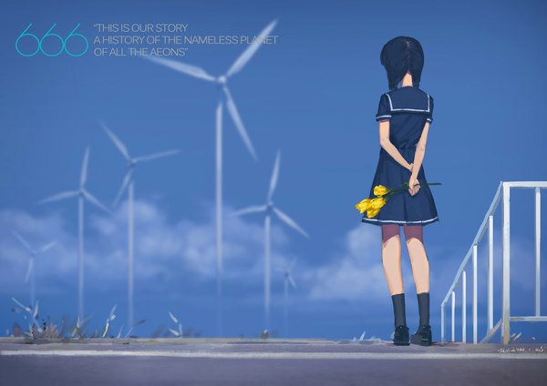 Anime picture 1052x744 with original hjl single long hair looking at viewer black hair twintails signed from behind inscription depth of field hands behind back scenic girl dress uniform flower (flowers) socks serafuku shoes