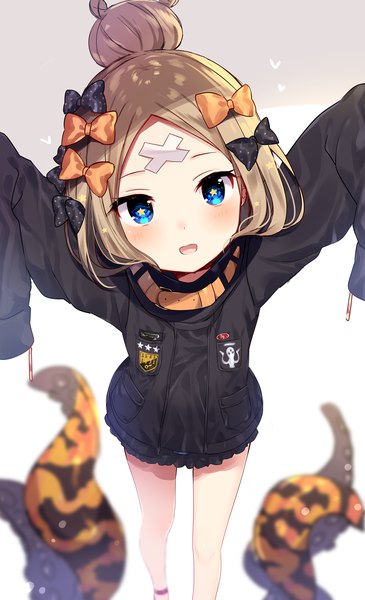 Anime picture 1075x1768 with fate (series) fate/grand order abigail williams (fate) mafuyu (chibi21) single long hair tall image looking at viewer blush open mouth blue eyes blonde hair simple background smile standing white background head tilt :d arms up hair bun (hair buns)