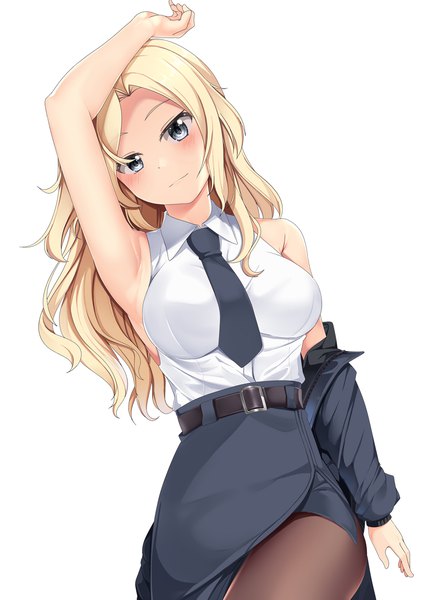 Anime picture 990x1400 with kantai collection hornet (kantai collection) yasume yukito single long hair tall image looking at viewer blush breasts simple background standing white background payot head tilt arm up light smile off shoulder open jacket grey eyes sleeveless