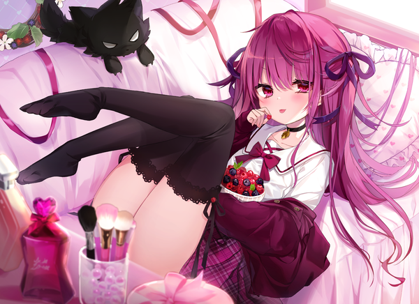 Anime picture 3000x2180 with original emia (castilla) single long hair looking at viewer blush fringe highres light erotic hair between eyes purple eyes holding payot purple hair full body bent knee (knees) indoors off shoulder open jacket two side up