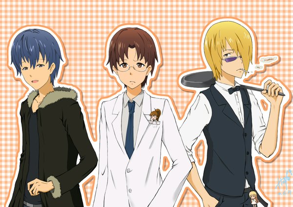 Anime picture 2000x1414 with durarara!! working!! a-1 pictures brains base (studio) taneshima popura todoroki yachiyo takanashi souta satou jun souma hiroomi long hair highres short hair open mouth blonde hair brown hair multiple girls brown eyes blue hair multiple boys smoke