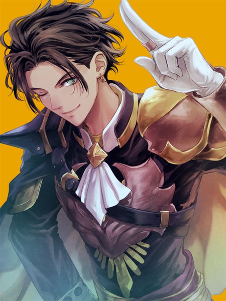 Anime picture 712x950 with fire emblem fire emblem: three houses fire emblem warriors: three hopes nintendo claude von riegan hksi1pin single tall image looking at viewer short hair simple background smile brown hair green eyes upper body one eye closed arm up wink yellow background boy