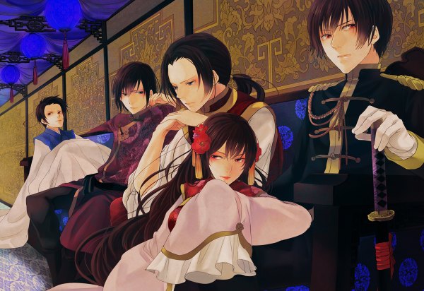 Anime picture 1200x824 with axis powers hetalia studio deen japan (hetalia) china (hetalia) taiwan (hetalia) hong kong (hetalia) korea (hetalia) kanameyura short hair red eyes brown hair ahoge tail long sleeves traditional clothes hair flower black eyes arm support group girl