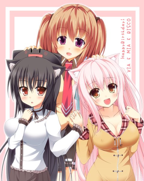 Anime picture 1000x1254 with original shia flatpaddy mia flatpaddy cassini m bisuko shirasu youichi long hair tall image blush open mouth black hair red eyes purple eyes multiple girls brown eyes animal ears pink hair cat ears orange hair cat girl holding hands