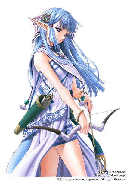 Anime picture 3000x4260 with ys olha (ys) taue shunsuke single long hair tall image highres open mouth blue eyes simple background white background bare shoulders blue hair pointy ears scan girl hair ornament weapon bracelet bow (weapon)