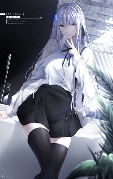 Anime picture 1134x1800 with original code:qualia lucia (code:qualia) yoaferia single long hair tall image looking at viewer fringe blue eyes hair between eyes bare shoulders silver hair indoors zettai ryouiki copyright name victory girl thighhighs skirt
