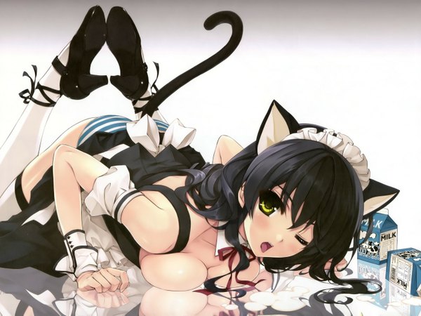 Anime picture 1400x1050 with original misaki kurehito single long hair looking at viewer blush fringe highres breasts open mouth light erotic black hair simple background large breasts white background green eyes animal ears yellow eyes absurdres lying
