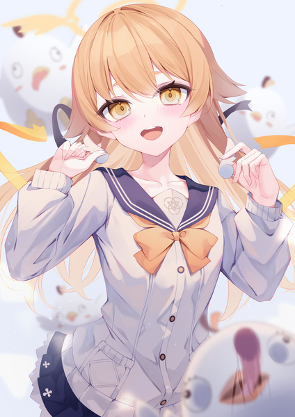 Anime picture 2894x4093 with blue archive hifumi (blue archive) peroro (blue archive) gou 213 single long hair tall image looking at viewer blush fringe highres open mouth blonde hair hair between eyes holding yellow eyes upper body :d alternate hairstyle hair down