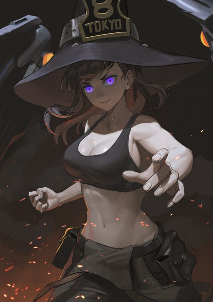 Anime picture 1500x2122 with en'en no shouboutai david production maki oze ttk (kirinottk) single long hair tall image looking at viewer fringe breasts light erotic black hair simple background smile large breasts standing purple eyes bare shoulders cleavage multicolored hair