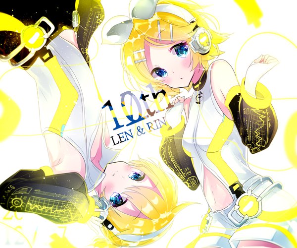 Anime picture 2400x2000 with vocaloid vocaloid append kagamine rin kagamine len kagamine rin (append) kagamine len (append) remimim looking at viewer blush highres short hair blue eyes blonde hair bare belly :o armpit (armpits) character names siblings twins brother and sister