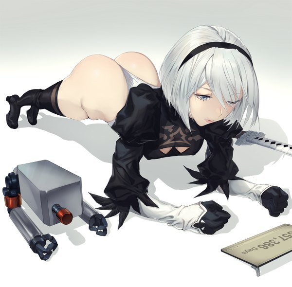 Anime picture 1322x1300 with nier nier:automata yorha no. 2 type b pod (nier:automata) mhk (mechamania) single fringe short hair blue eyes light erotic simple background silver hair full body ass hair over one eye shadow puffy sleeves looking down on all fours girl