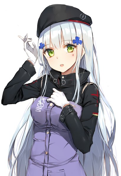 Anime picture 1850x2700 with girls frontline hk416 (girls frontline) rikoma single long hair tall image looking at viewer blush fringe highres open mouth simple background white background green eyes silver hair upper body blunt bangs arm up facial mark girl