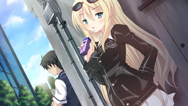 Anime picture 2048x1152 with namima no kuni no faust long hair highres blue eyes black hair blonde hair wide image game cg girl boy sunglasses