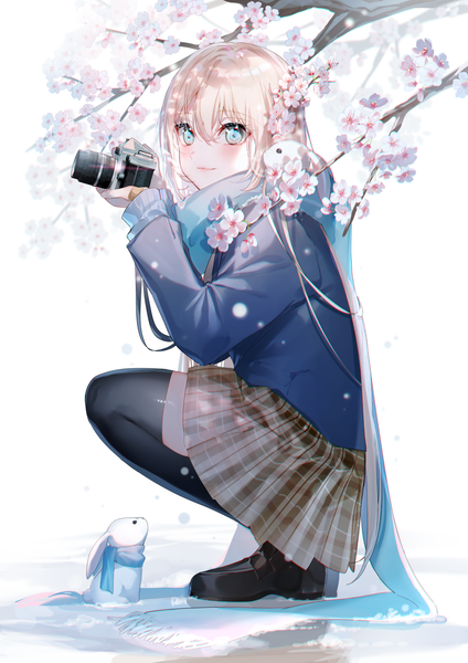 Anime picture 1158x1637 with original miwano rag single long hair tall image looking at viewer blush fringe blue eyes simple background blonde hair hair between eyes white background holding full body long sleeves pleated skirt light smile cherry blossoms plaid skirt