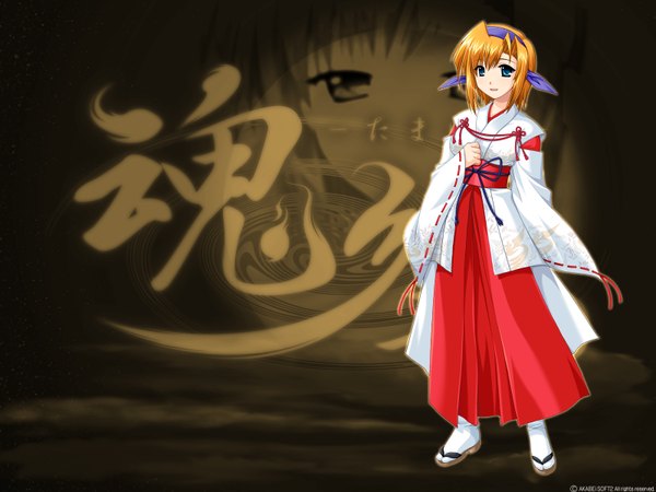 Anime picture 1600x1200 with tamayura (akabei soft) akabei soft2 kokonoe machiru alpha (yukai na nakamatachi) single short hair blue eyes orange hair miko girl