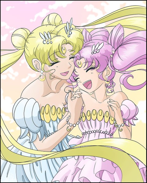 Anime picture 1013x1266 with bishoujo senshi sailor moon toei animation tsukino usagi chibiusa princess serenity princess usagi small lady smeadows (artist) long hair tall image open mouth blonde hair twintails multiple girls pink hair sky cloud (clouds) eyes closed very long hair hair bun (hair buns) hug