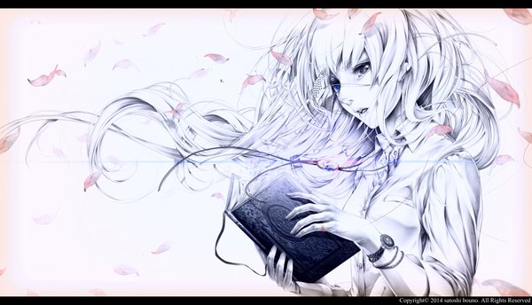 Anime picture 4000x2299 with original bouno satoshi single long hair highres blue eyes wide image absurdres white hair wind sparkle grey eyes tears heterochromia letterboxed girl shirt petals bracelet book (books)