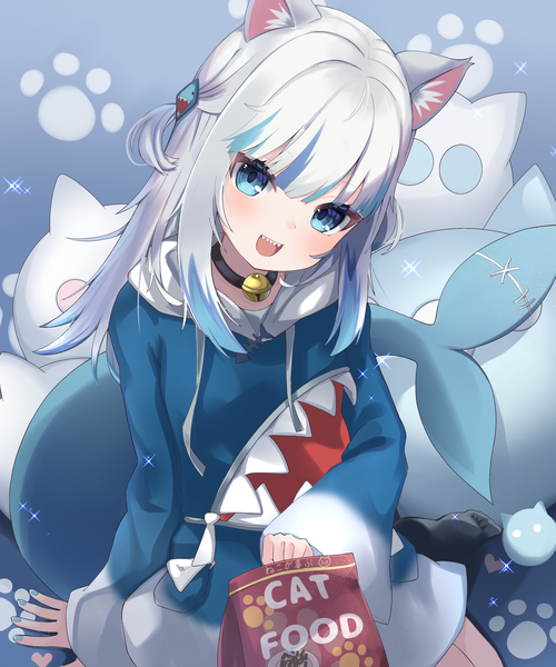 Anime picture 2500x3000 with virtual youtuber hololive hololive english gawr gura gawr gura (1st costume) nekopurin (nyanko prin) single long hair tall image looking at viewer highres open mouth blue eyes sitting animal ears silver hair tail nail polish head tilt :d