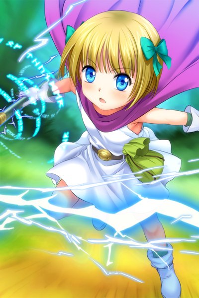Anime picture 1000x1500 with mutsuki (moonknives) single tall image blush short hair open mouth blue eyes blonde hair loli lightning girl gloves bow hair bow shoes belt cape sundress
