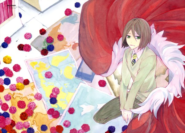 Anime picture 5946x4296 with fate (series) fate/zero type-moon waver velvet tagme (artist) single looking at viewer highres short hair brown hair sitting green eyes absurdres striped between legs traditional media watercolor (medium) boy necktie book (books)