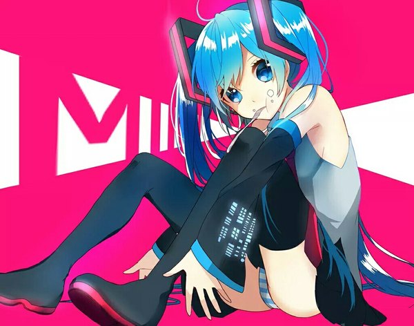 Anime picture 1024x807 with vocaloid hatsune miku sogawa single fringe blue eyes light erotic simple background sitting twintails bare shoulders holding blue hair looking away full body ahoge very long hair pantyshot character names mouth hold