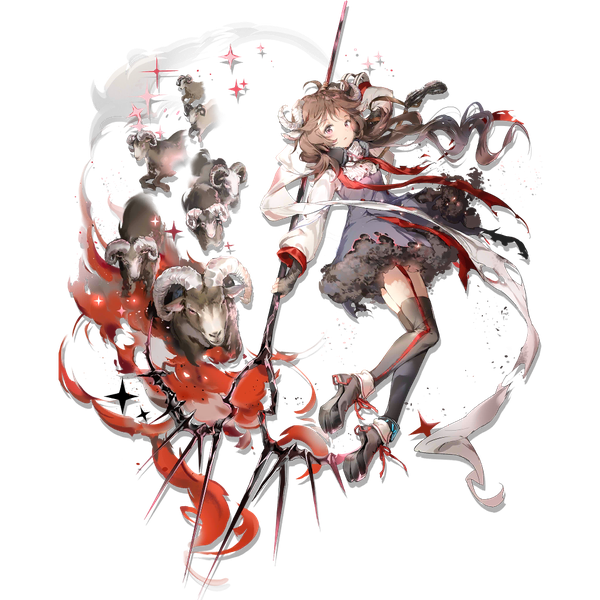 Anime-Bild 1024x1024 mit arknights eyjafjalla (arknights) anmi single long hair looking at viewer brown hair animal ears full body ahoge pink eyes horn (horns) official art sparkle magic transparent background elite ii (arknights) girl thighhighs dress