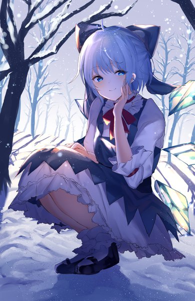 Anime picture 5600x8614 with touhou cirno kozomezuki single tall image looking at viewer blush fringe highres short hair blue eyes smile hair between eyes blue hair absurdres full body ahoge bent knee (knees) outdoors shadow