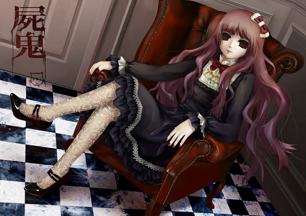 Anime picture 1000x707 with shiki sunako kirishiki giyousou single long hair sitting purple eyes purple hair crossed legs checkered floor lolita fashion hollow eyes girl dress bow hair bow armchair