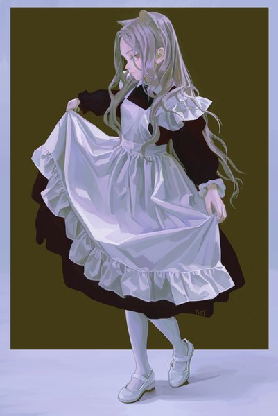 Anime picture 1000x1496 with original feiqizi (fkey) fkey single long hair tall image looking at viewer fringe simple background hair between eyes standing holding animal ears full body long sleeves pink eyes grey hair cat ears maid cat girl