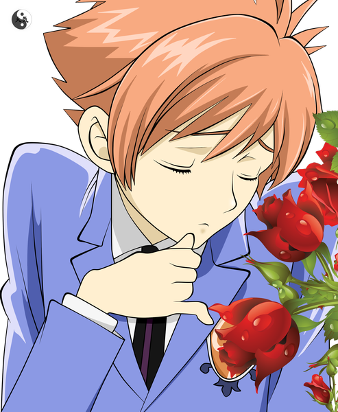 Anime picture 1500x1825 with ouran high school host club studio bones hitachiin hikaru tall image short hair brown hair transparent background boy uniform flower (flowers) school uniform rose (roses)