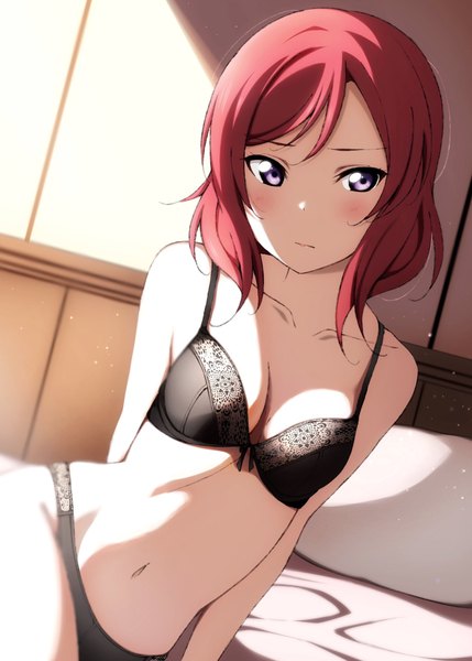 Anime picture 1464x2048 with love live! school idol project sunrise (studio) love live! nishikino maki reno 0901 single tall image blush fringe short hair breasts light erotic sitting purple eyes looking away cleavage red hair indoors dutch angle underwear only