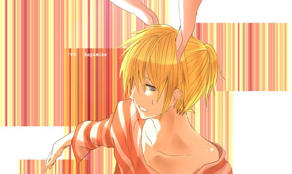 Anime picture 1765x1057 with vocaloid kagamine len shino takeshi (artist) single highres blonde hair wide image bunny ears striped striped background bunny boy boy