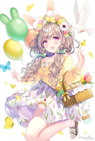 Anime picture 600x885 with original wasabi (sekai) single long hair tall image looking at viewer blush fringe open mouth smile brown hair purple eyes twintails signed animal ears payot bent knee (knees) head tilt :d off shoulder