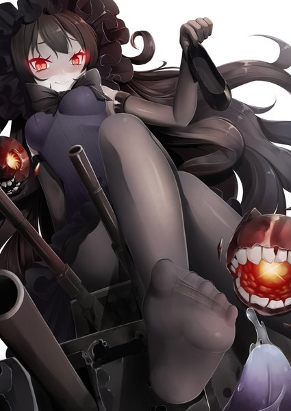 Anime picture 2507x3541 with kantai collection isolated island hime sasami tall image looking at viewer highres black hair red eyes white background very long hair legs shinkaisei-kan girl dress gloves weapon pantyhose elbow gloves black pantyhose monster