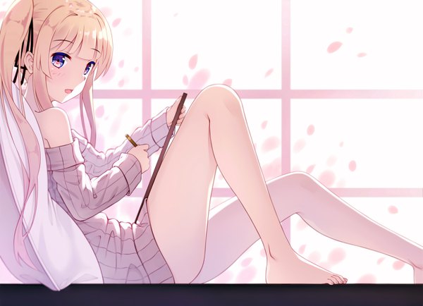 Anime picture 3000x2173 with saenai heroine no sodatekata a-1 pictures sawamura spencer eriri natsu97 single long hair looking at viewer blush fringe highres open mouth light erotic blonde hair purple eyes twintails payot bent knee (knees) blunt bangs barefoot off shoulder