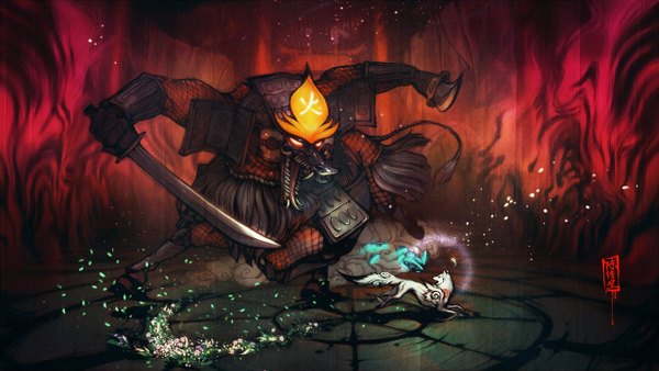 Аниме картинка 1280x722 с okami amaterasu (okami) gunnerromantic широкое изображение магия пылает пылающий глаз (глаза) бег демон цветок (цветы) оружие животное меч броня чудовище волк