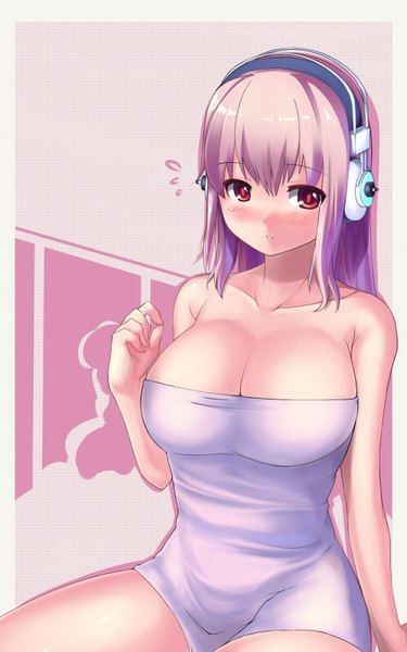 Anime picture 1000x1600 with nitroplus super sonico saiste single long hair tall image blush breasts light erotic simple background large breasts sitting bare shoulders looking away pink hair pink eyes pink background naked towel girl headphones