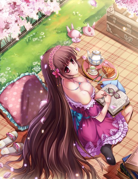 Anime picture 1000x1297 with original miazi single long hair tall image looking at viewer blush breasts open mouth light erotic red eyes brown hair cleavage girl dress petals glasses hairband sweets book (books)