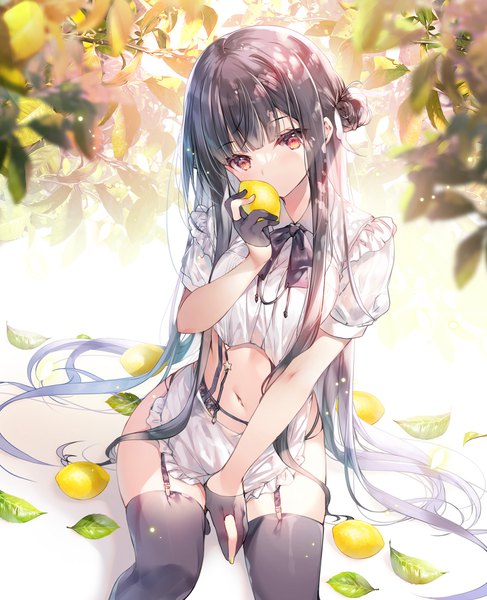 Anime picture 1055x1300 with original miwabe sakura single long hair tall image fringe light erotic black hair red eyes sitting holding outdoors blunt bangs head tilt arm support midriff hair bun (hair buns) puffy sleeves covered mouth between legs