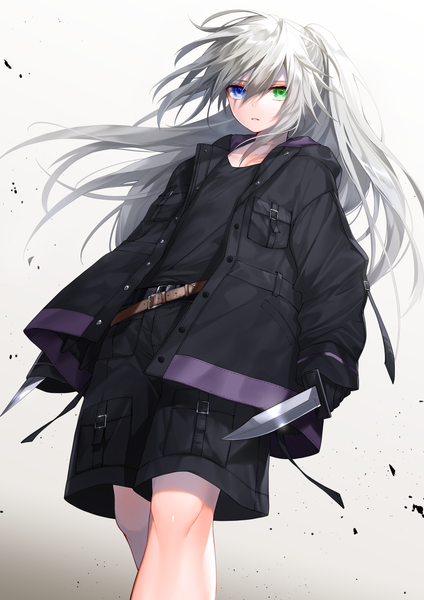 Anime picture 900x1272 with original waka (shark waka) single long hair tall image looking at viewer fringe blue eyes simple background hair between eyes standing holding green eyes payot silver hair ponytail parted lips open jacket from below heterochromia